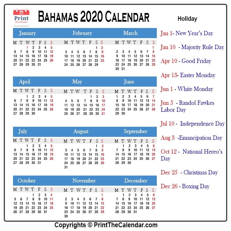 2020 Holiday Calendar Bahamas Bahamas 2020 Holidays